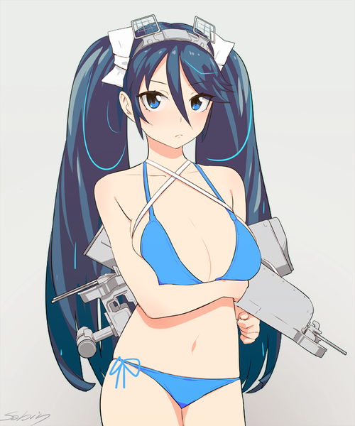 Anime picture 666x800 with kantai collection isuzu light cruiser sohin single tall image looking at viewer breasts blue eyes light erotic black hair simple background hair between eyes large breasts twintails signed grey background breast grab girl navel hair ornament