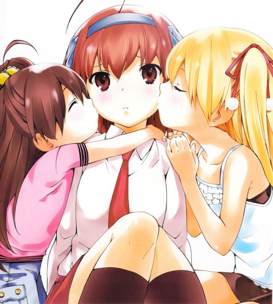 Anime picture 1076x1200 with papa no iu koto wo kikinasai! takanashi sora takanashi miu takanashi hina long hair tall image looking at viewer blush short hair blonde hair simple background brown hair white background multiple girls ahoge loli kiss cheek kiss double cheek kiss girl