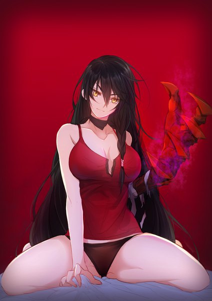 Anime picture 1243x1760 with tales of (series) tales of berseria namco (studio) velvet crowe tusia (malta) single long hair tall image looking at viewer fringe breasts light erotic black hair simple background hair between eyes large breasts sitting bare shoulders yellow eyes cleavage