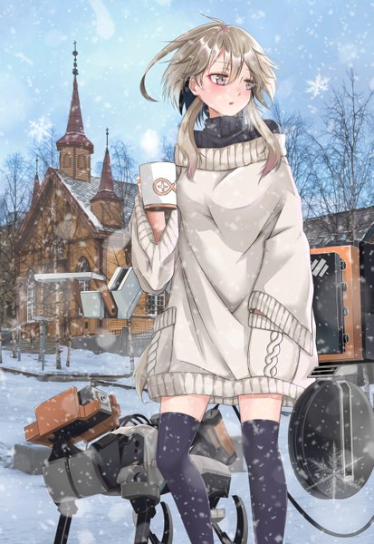 Anime picture 1016x1476 with arknights mayer (arknights) kaminarichyan single long hair tall image blush fringe open mouth hair between eyes standing holding payot looking away ahoge bent knee (knees) outdoors grey hair off shoulder wide sleeves