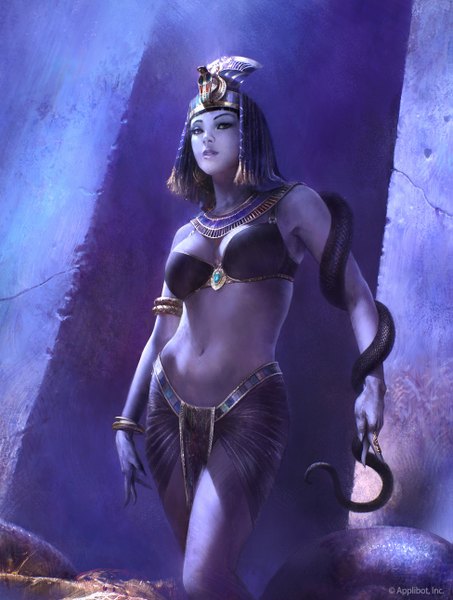 Anime picture 975x1290 with original agnidevi (artist) single tall image looking at viewer short hair breasts light erotic black hair bare shoulders brown eyes cleavage bare belly egyptian clothes girl skirt navel hair ornament animal bracelet