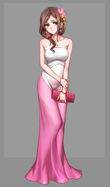 Anime picture 1170x1980 with m.a.d mafia is all dead as109 single long hair tall image looking at viewer fringe breasts simple background smile brown hair bare shoulders brown eyes looking away cleavage bent knee (knees) hair flower grey background girl dress