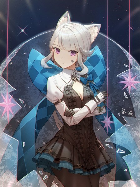 Anime picture 3000x4000 with genshin impact lynette (genshin impact) zx961219 single long hair tall image looking at viewer highres standing purple eyes animal ears cleavage silver hair cat ears low ponytail crossed arms checkered girl gloves bow