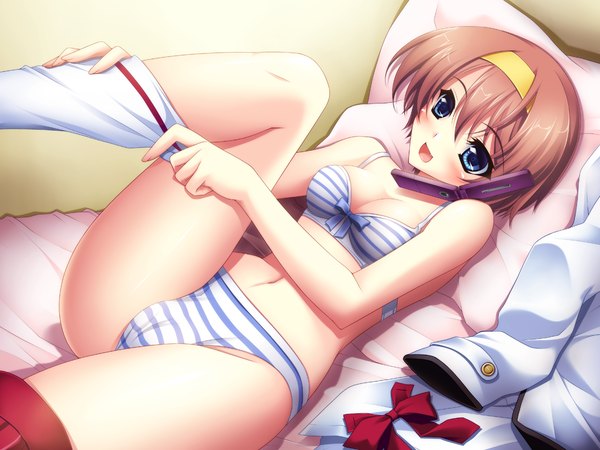 Anime picture 1600x1200 with vestige (game) kouno ruri riv single blush short hair open mouth blue eyes light erotic brown hair bare shoulders game cg underwear only cameltoe girl navel underwear panties pillow bed