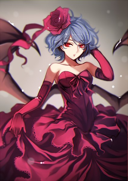 Anime picture 700x989 with touhou remilia scarlet karlwolf single tall image fringe short hair red eyes bare shoulders looking away purple hair parted lips hair flower lips alternate costume sleeveless bat wings girl dress gloves