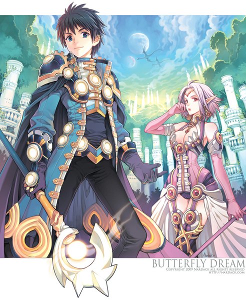 Anime picture 840x1024 with original butterfly dream (artbook) nardack short hair blue eyes light erotic black hair standing bare shoulders pink hair sky cleavage purple hair cloud (clouds) pink eyes pointy ears couple city magic fantasy
