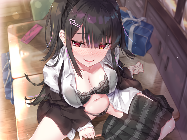 Anime picture 2560x1920 with original rozea (graphmelt) single long hair looking at viewer blush fringe highres breasts light erotic black hair smile hair between eyes red eyes large breasts sitting cleavage indoors from above open shirt