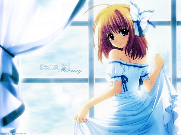 Anime picture 1600x1200 with shuffle! fuyou kaede nishimata aoi single looking at viewer blush short hair blue eyes blonde hair bare shoulders signed ahoge third-party edit girl dress bow hair bow white dress curtains blue dress