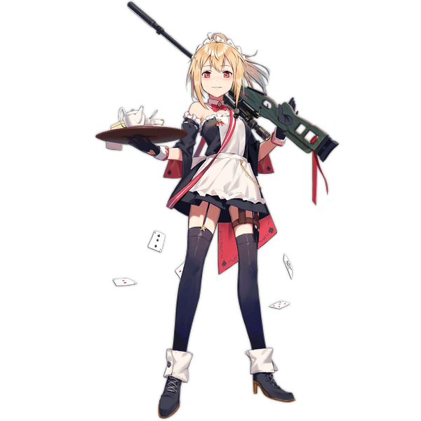 Anime-Bild 1024x1024 mit girls frontline sv-98 (girls frontline) huanxiang heitu single long hair looking at viewer fringe blonde hair hair between eyes standing full body ponytail official art maid high heels official alternate costume transparent background weapon over shoulder girl thighhighs