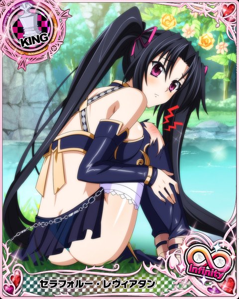 Anime picture 640x800 with highschool dxd serafall leviathan single long hair tall image blush light erotic black hair purple eyes twintails ass pantyshot torn clothes card (medium) girl thighhighs skirt underwear panties detached sleeves