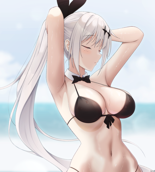Anime picture 1440x1600 with girls frontline five-seven (girls frontline) keenh single long hair tall image breasts light erotic large breasts payot silver hair upper body outdoors ponytail eyes closed arms behind head girl navel swimsuit bikini