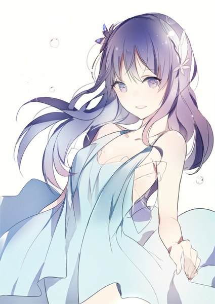 Anime picture 600x847 with original lpip single long hair tall image looking at viewer fringe open mouth simple background hair between eyes white background purple eyes cleavage purple hair hair flower light smile wind arched back adjusting clothes girl