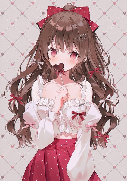 Anime picture 1000x1421 with original weri single long hair tall image looking at viewer blush red eyes brown hair ponytail pleated skirt wavy hair covered mouth polka dot valentine girl skirt hair ornament bow hair bow