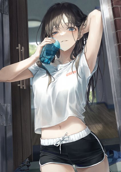 Anime picture 1200x1698 with original r o ha single long hair tall image looking at viewer blush fringe breasts blue eyes light erotic brown hair standing holding indoors parted lips blurry arms up midriff arm behind head