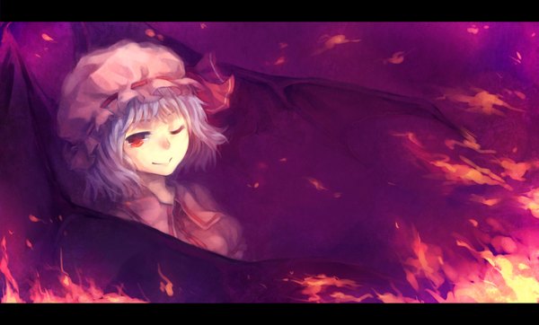 Anime picture 1653x1000 with touhou remilia scarlet marn (pixiv) single short hair smile red eyes wide image blue hair one eye closed wink demon wings girl wings bonnet fire
