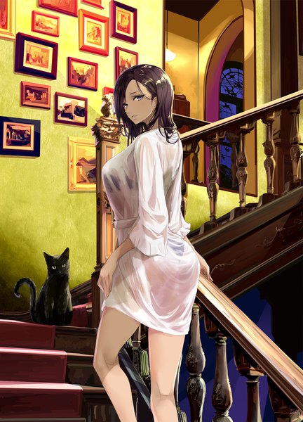 Anime picture 1224x1698 with original mikipuruun no naegi single long hair tall image looking at viewer fringe light erotic black hair standing purple eyes indoors parted lips looking back from behind kneepits girl underwear panties animal