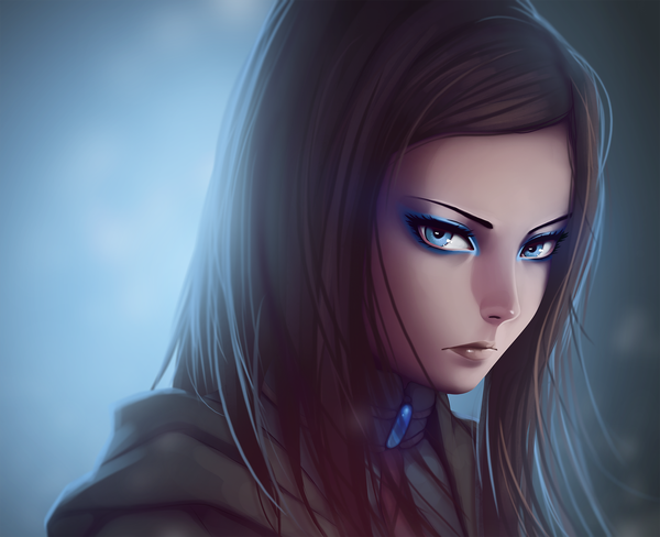 Anime picture 1800x1466 with ergo proxy re-l mayer miura-n315 single long hair looking at viewer highres blue eyes black hair simple background upper body lips realistic portrait eyeshadow expressionless serious makeup girl jewelry