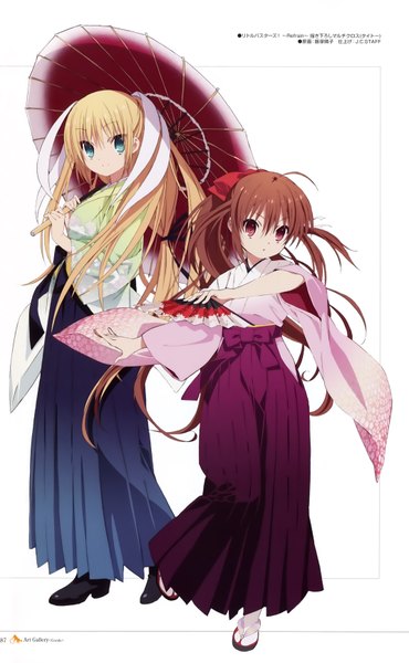 Anime picture 4279x6931 with little busters! key (studio) natsume rin tokido saya long hair tall image looking at viewer highres blue eyes blonde hair brown hair white background purple eyes multiple girls absurdres ponytail traditional clothes japanese clothes official art girl