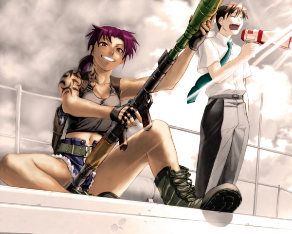 Anime picture 1280x1024 with black lagoon madhouse revy (black lagoon) okajima rokuro hiroe rei rock weapon gun megaphone rocket launcher rpg tagme