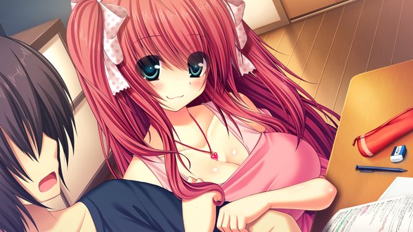 Anime picture 1280x720 with namaiki delation nishimura shiori long hair blush breasts black hair smile wide image large breasts green eyes game cg red hair couple girl boy bow hair bow pendant