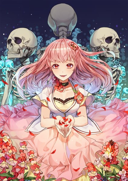 Anime picture 1000x1415 with original kim eb single long hair tall image looking at viewer blush fringe open mouth smile red eyes pink hair hair flower from above skeleton girl dress flower (flowers) petals choker
