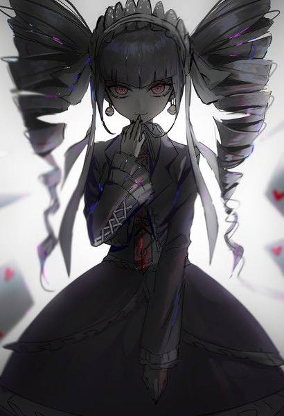 Anime picture 1024x1500 with dangan ronpa celestia ludenberg nion nai za niao single long hair tall image looking at viewer fringe black hair simple background smile red eyes standing twintails payot blunt bangs long sleeves nail polish blurry wide sleeves