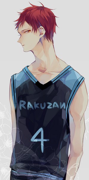 Anime picture 449x900 with kuroko no basket production i.g akashi seijuurou hanamori single tall image looking at viewer short hair simple background red eyes upper body red hair profile grey background boy uniform gym uniform basketball uniform