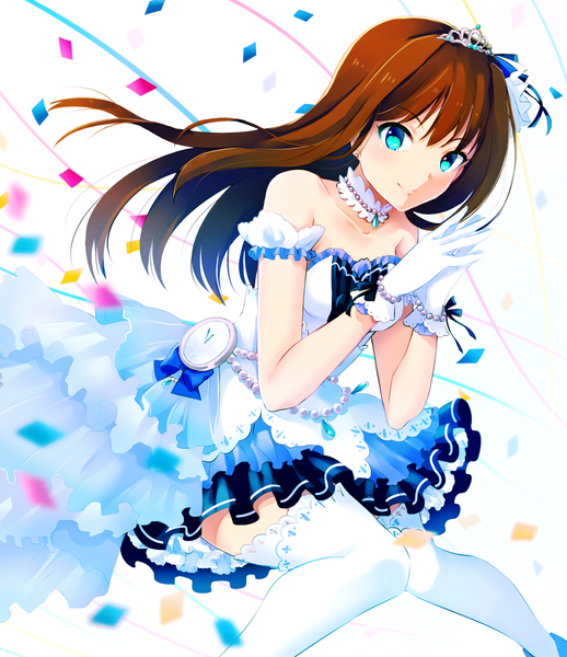 Anime picture 1600x1851 with idolmaster idolmaster cinderella girls idolmaster cinderella girls starlight stage shibuya rin shibuki kamone single long hair tall image fringe smile brown hair sitting bare shoulders looking away bent knee (knees) aqua eyes shaded face hands clasped starry sky bright girl