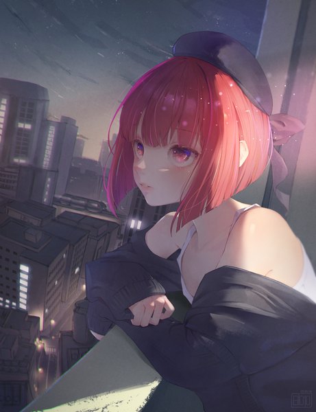Anime picture 3500x4555 with oshi no ko arima kana cana (tungnara) single tall image fringe highres short hair red eyes looking away absurdres red hair off shoulder night city cityscape girl beret