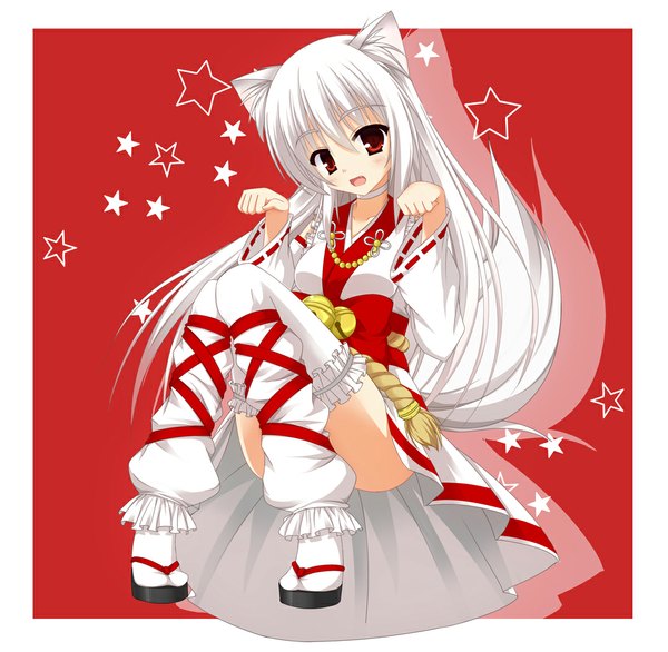 Anime picture 1000x977 with original mizune inori single long hair looking at viewer open mouth red eyes animal ears white hair japanese clothes animal tail miko red background girl thighhighs detached sleeves white thighhighs bell