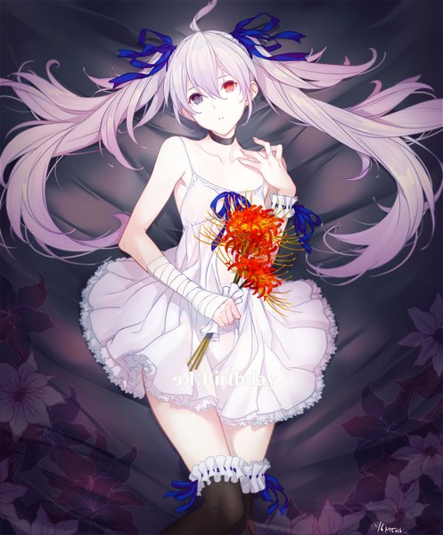 Anime picture 1740x2100 with original kagetomo midori single long hair tall image looking at viewer fringe highres hair between eyes red eyes twintails bare shoulders holding signed silver hair ahoge lying parted lips grey eyes zettai ryouiki