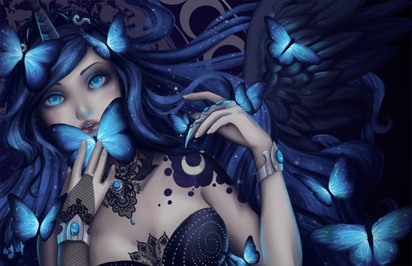 Anime picture 1224x792 with my little pony princess luna saintprecious single long hair blue eyes blue hair cleavage lying horn (horns) tattoo wavy hair eyeshadow glow butterfly on hand girl bracelet insect butterfly bridal gauntlets