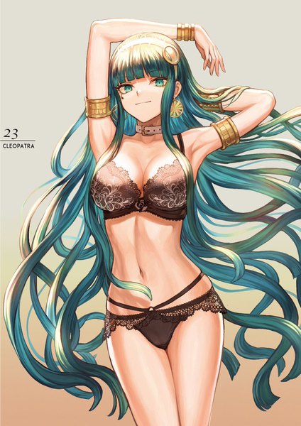 Anime picture 848x1199 with fate (series) fate/grand order cleopatra (fate/grand order) mashuu (neko no oyashiro) single tall image looking at viewer fringe breasts light erotic simple background standing green eyes payot cleavage blunt bangs very long hair green hair arms up armpit (armpits)