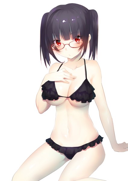 Anime picture 1000x1412 with original hijiri-ssh single tall image looking at viewer blush short hair breasts light erotic black hair simple background red eyes white background twintails arm support underboob short twintails girl navel swimsuit