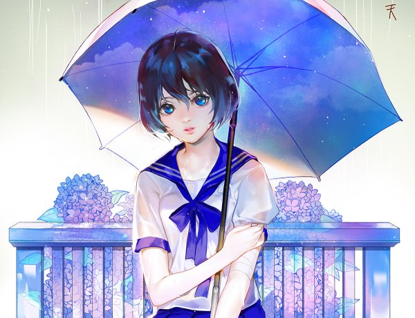 Anime picture 1200x923 with original ddongu single looking at viewer fringe short hair blue eyes black hair simple background white background signed blue hair cloud (clouds) ahoge upper body multicolored hair lips night grey background night sky