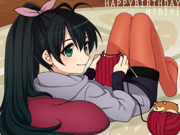 Anime picture 1332x1000 with idolmaster ganaha hibiki hamuzou masato ayame single long hair black hair smile green eyes ponytail character names happy birthday legwear under shorts knitting girl bow hair bow animal pantyhose hamster