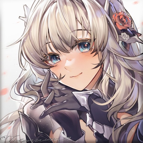 Anime picture 1200x1200 with punishing: gray raven bianca (punishing: gray raven) yan bai tai single long hair looking at viewer blush fringe blue eyes hair between eyes signed silver hair upper body twitter username interlocked fingers girl gloves black gloves