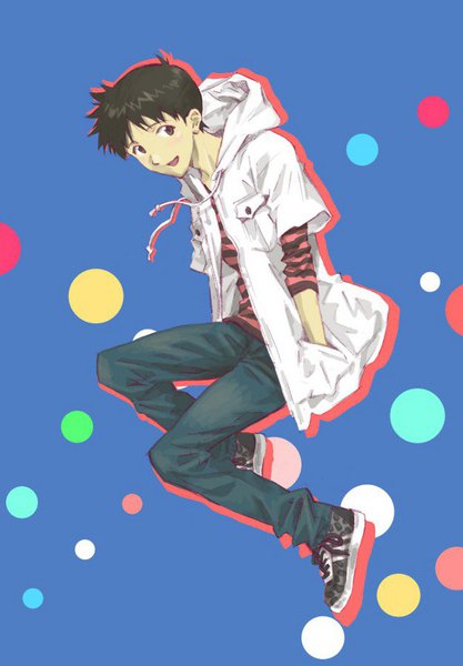 Anime picture 556x800 with neon genesis evangelion gainax ikari shinji mc single tall image looking at viewer short hair open mouth black hair brown eyes full body bent knee (knees) head tilt open jacket blue background striped hands in pockets boy shoes