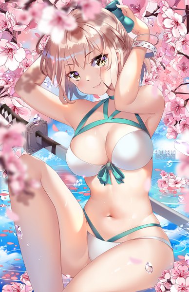 Anime picture 809x1250 with fate (series) fate/grand order okita souji (fate) (all) okita souji (swimsuit assassin) (fate) squchan single tall image looking at viewer blush fringe short hair breasts light erotic blonde hair smile hair between eyes large breasts sitting bare shoulders signed