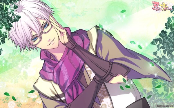 Anime picture 1280x800 with shinobi koi utsutsu idea factory yuri kamakiyo nakamura tatsunori looking at viewer fringe short hair smile green eyes grey hair inscription official art boy gloves flower (flowers) petals glasses scarf