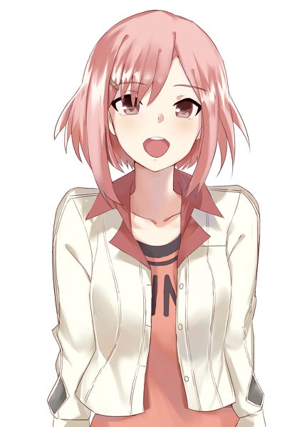 Anime picture 848x1200 with sakura quest koharu yoshino norman maggot single tall image looking at viewer short hair open mouth simple background white background pink hair upper body :d pink eyes girl