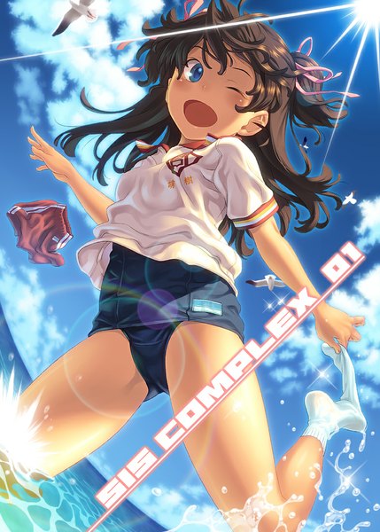 Anime picture 786x1100 with original pairan single long hair tall image blush open mouth blue eyes light erotic black hair smile twintails sky cloud (clouds) bent knee (knees) sunlight inscription dutch angle short twintails sunbeam