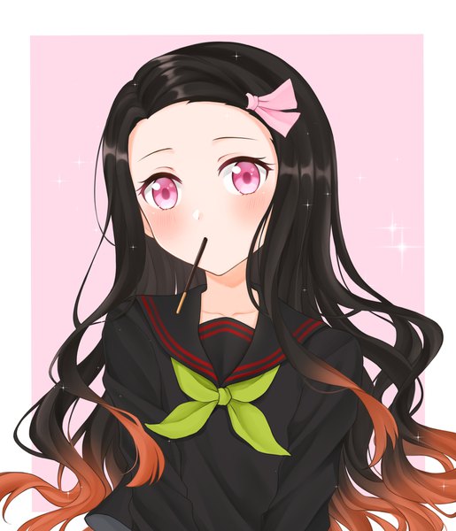 Anime picture 1600x1862 with kimetsu no yaiba ufotable kamado nezuko eating (eetw7887) single long hair tall image looking at viewer blush black hair holding upper body pink eyes multicolored hair two-tone hair sparkle mouth hold pink background pocky day girl