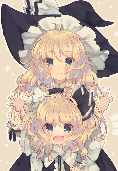 Anime picture 1111x1600 with touhou kirisame marisa usamata long hair tall image looking at viewer blush blue eyes blonde hair multiple girls braid (braids) dual persona girl dress 2 girls hat witch hat child (children)