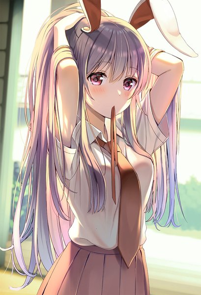 Anime picture 900x1320 with touhou reisen udongein inaba yuuka nonoko single long hair tall image looking at viewer blush fringe hair between eyes red eyes holding animal ears purple hair pleated skirt short sleeves bunny ears mouth hold adjusting hair bunny girl