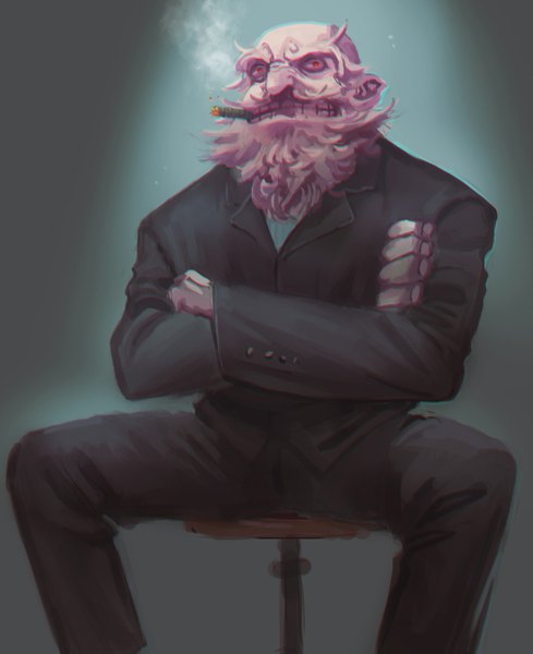 Anime picture 1181x1450 with touhou unzan huang gua single tall image looking at viewer red eyes sitting long sleeves spread legs crossed arms smoking personification formal bald manly boy pants chair suit