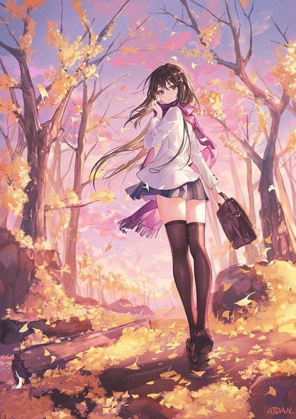 Anime picture 1205x1704 with original atdan single long hair tall image looking at viewer blush fringe hair between eyes brown hair standing holding brown eyes signed sky full body outdoors pleated skirt looking back wind