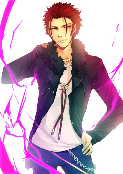 Anime picture 1483x2100 with k-project gohands (studio) mikoto suoh uyre single tall image short hair simple background white background yellow eyes looking away red hair open clothes open jacket smoking boy jacket pendant chain pants