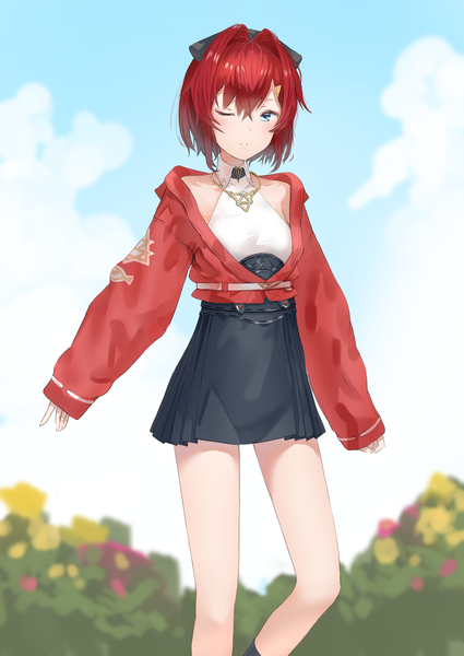 Anime picture 1254x1771 with virtual youtuber nijisanji ange katrina ange katrina (2nd costume) ado. single tall image looking at viewer blush fringe short hair blue eyes hair between eyes cloud (clouds) bent knee (knees) outdoors red hair pleated skirt one eye closed official alternate costume
