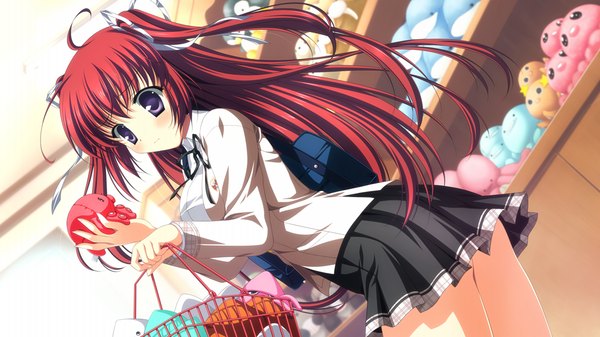 Anime picture 1024x576 with uni. special limited edition (game) long hair wide image purple eyes game cg red hair girl serafuku
